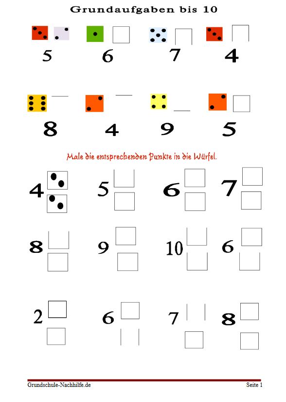 Arbeitsblatt Nachhilfe Mathe Klasse 1 Grundaufgaben bis 10